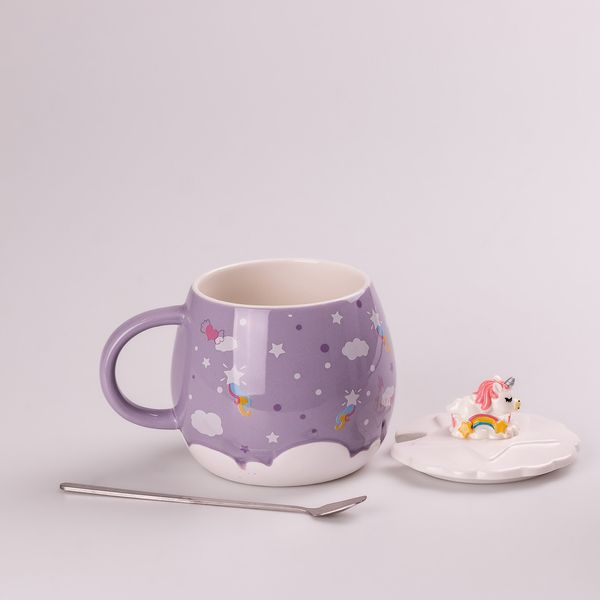 Чашка керамічна Rainbow Ceramic Mug 400ml Pink з кришкою і ложкою кухоль для чаю з кришкою Бузковий 2027724350 фото