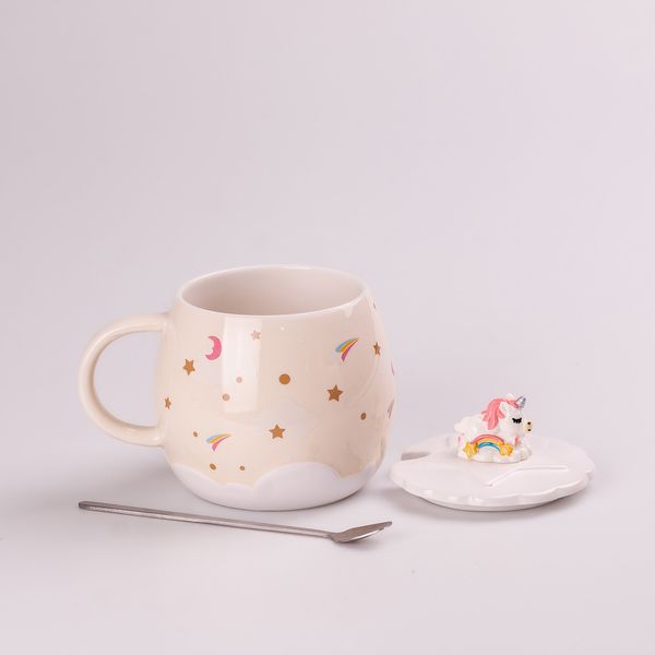 Чашка керамічна Rainbow Ceramic Mug 400ml Pink з кришкою і ложкою кухоль для чаю з кришкою Бежевий 2027724351 фото