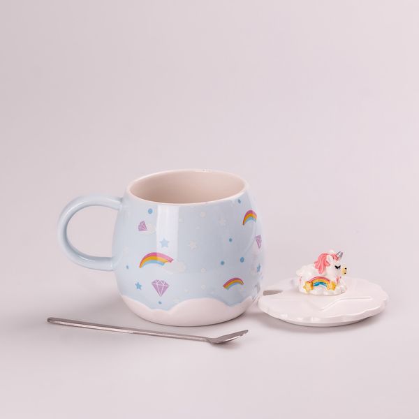 Чашка керамічна Rainbow Ceramic Mug 400ml Pink з кришкою і ложкою кухоль для чаю з кришкою Блакитний 2027724352 фото